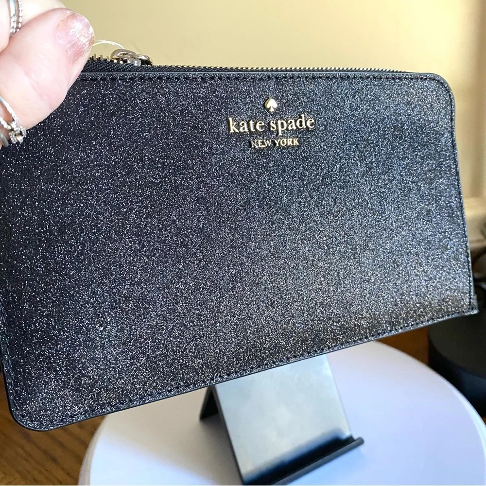 Kate Spade Lucy Black Glitter L Zip Wristlet new without tags